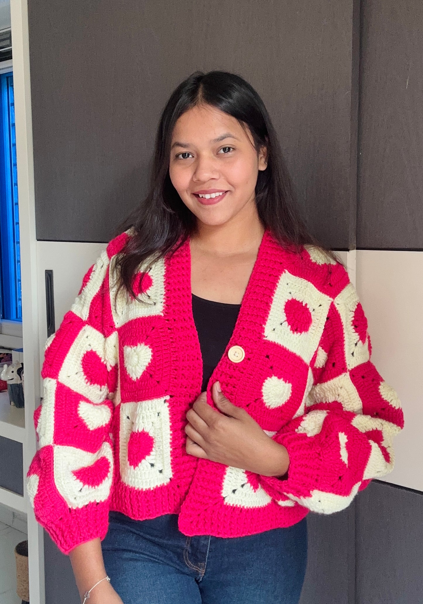 Pink swethearts crochet cardigan