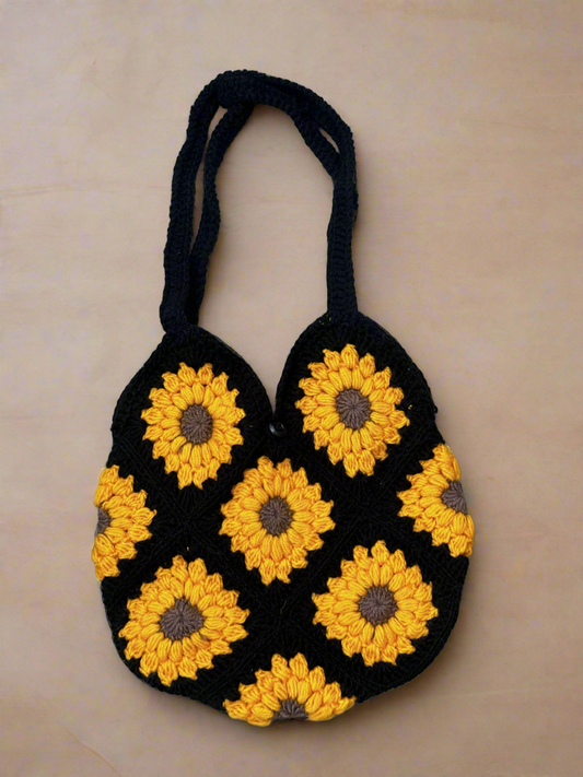 Black sunflower crochet tote bag