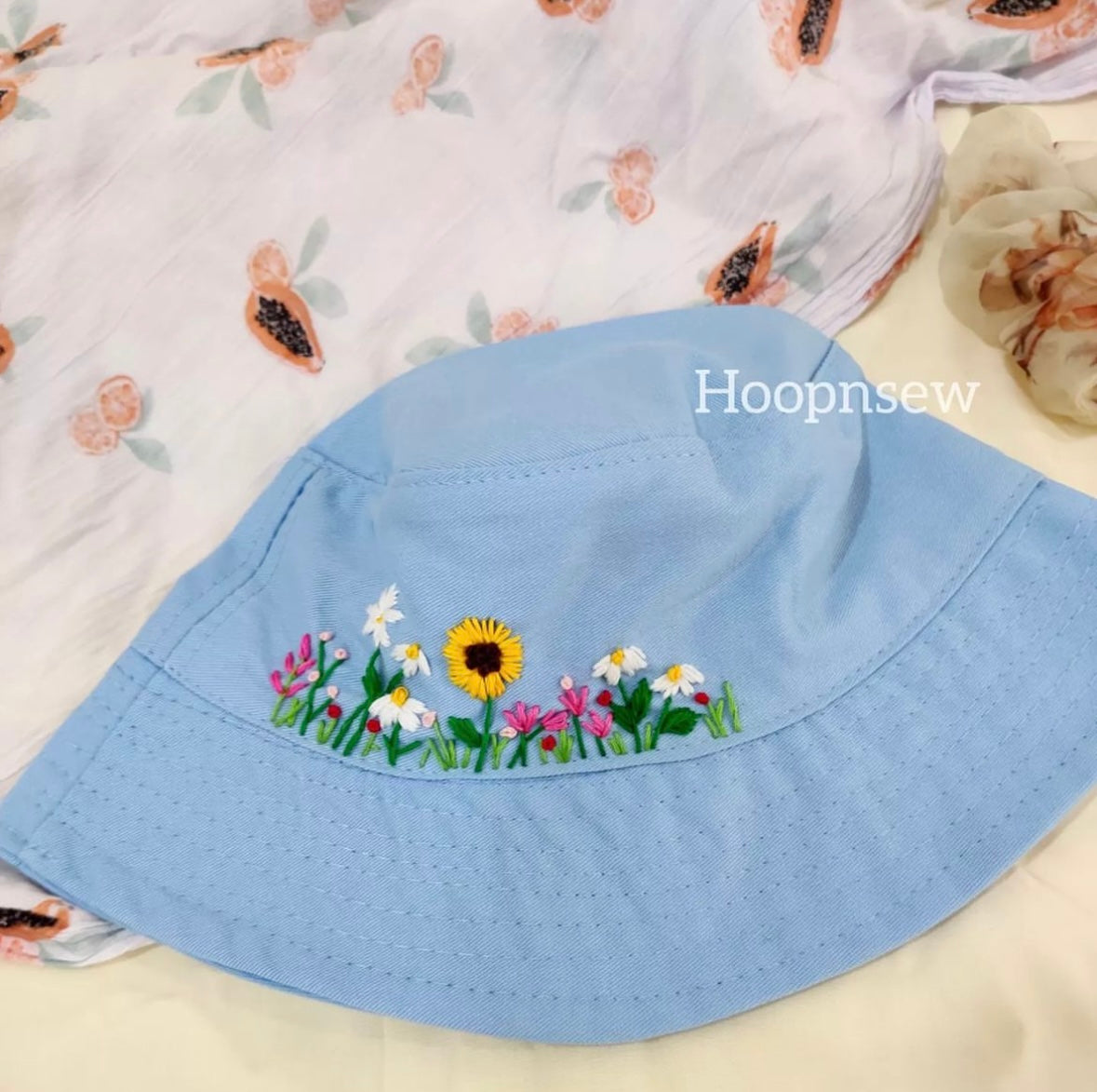 Floral embroidery bucket hat