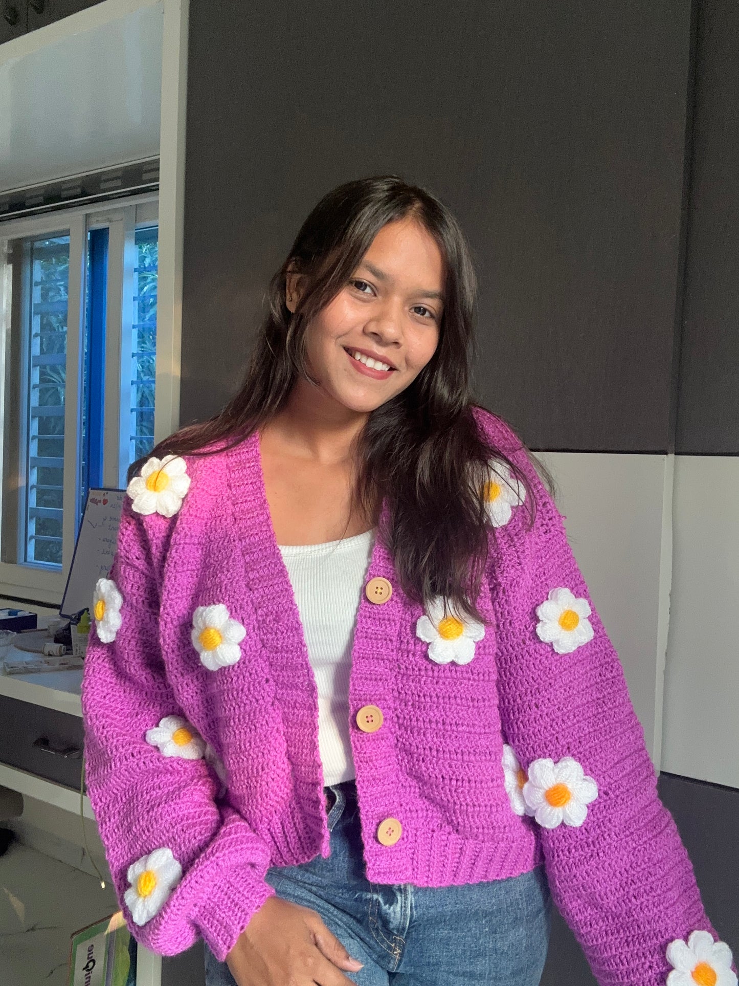 Deep pink daisy crochet cardigan