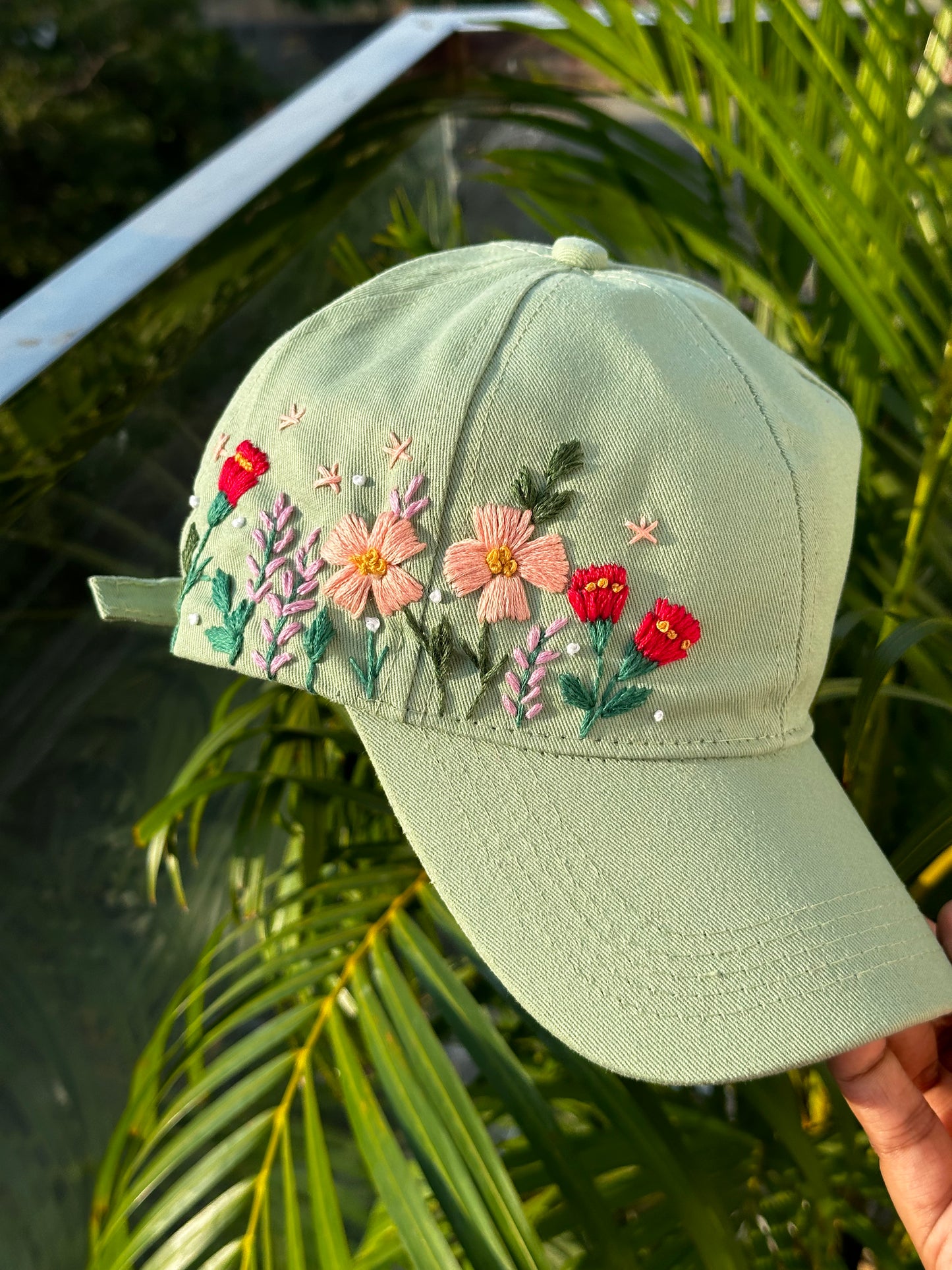 Floral embroidery cap