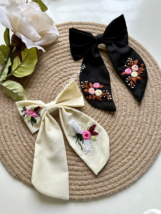 Hand-embroidered floral long tail bow