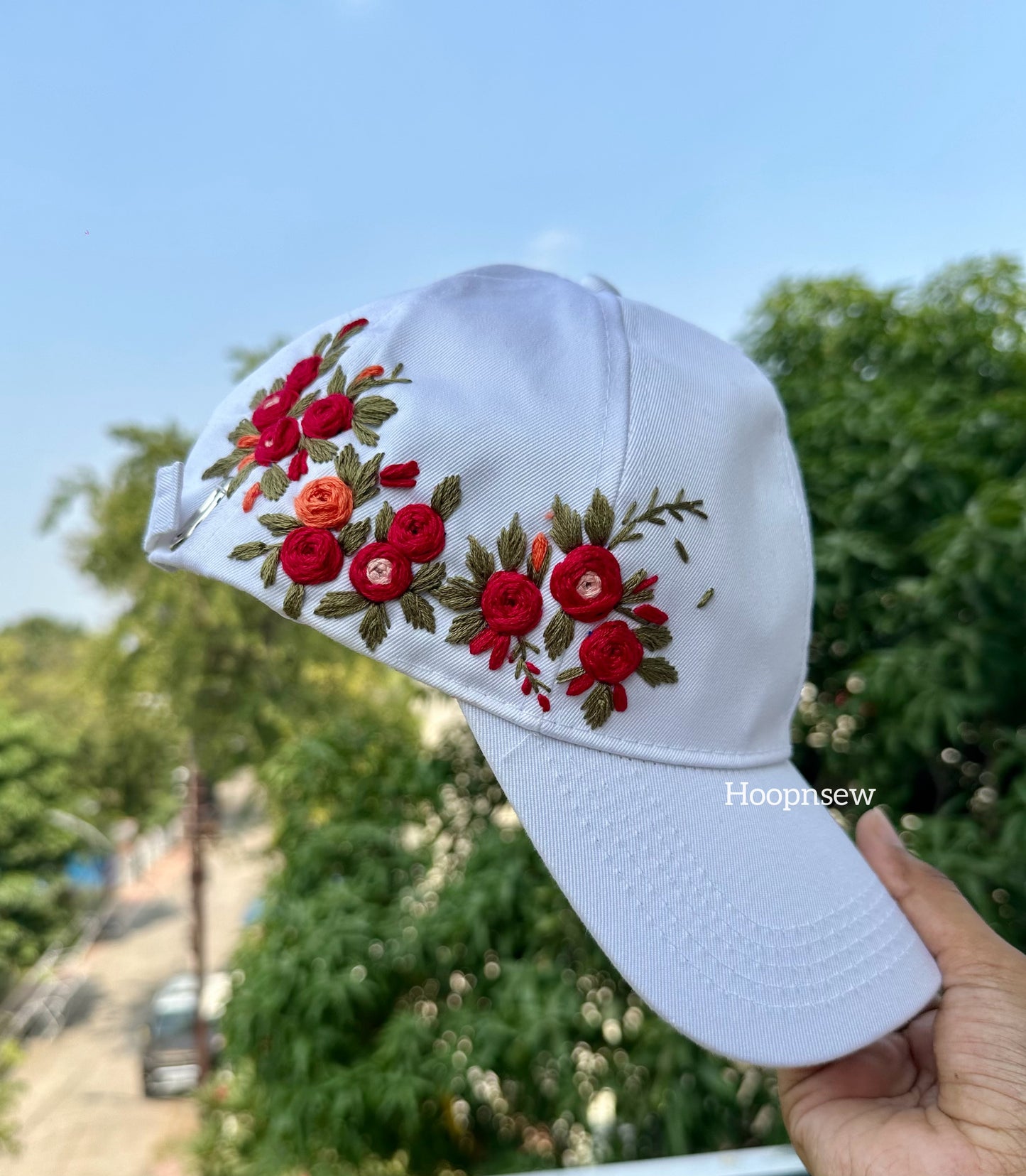 Floral embroidery cap