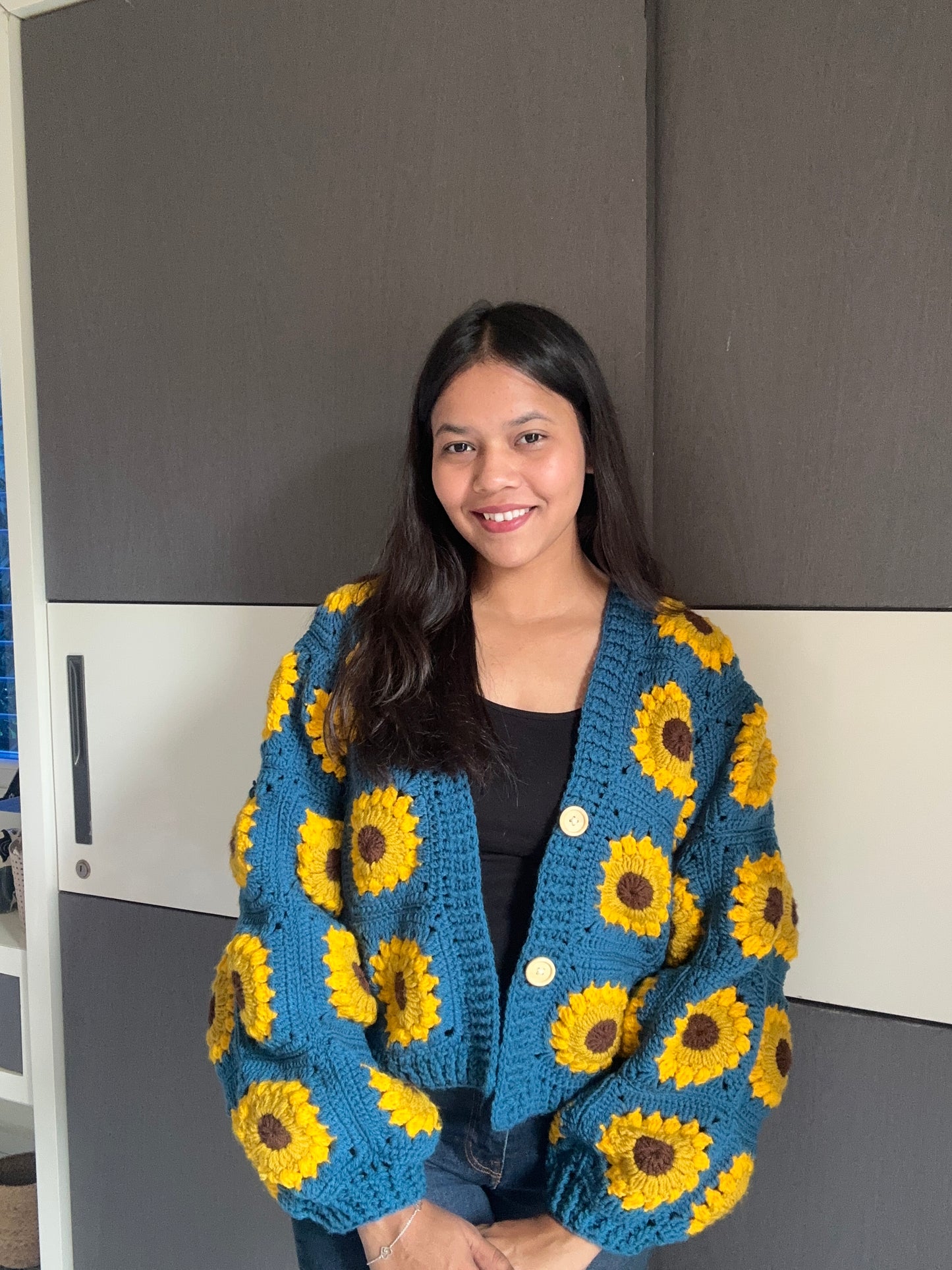 Blue Sunflower crochet cardigan