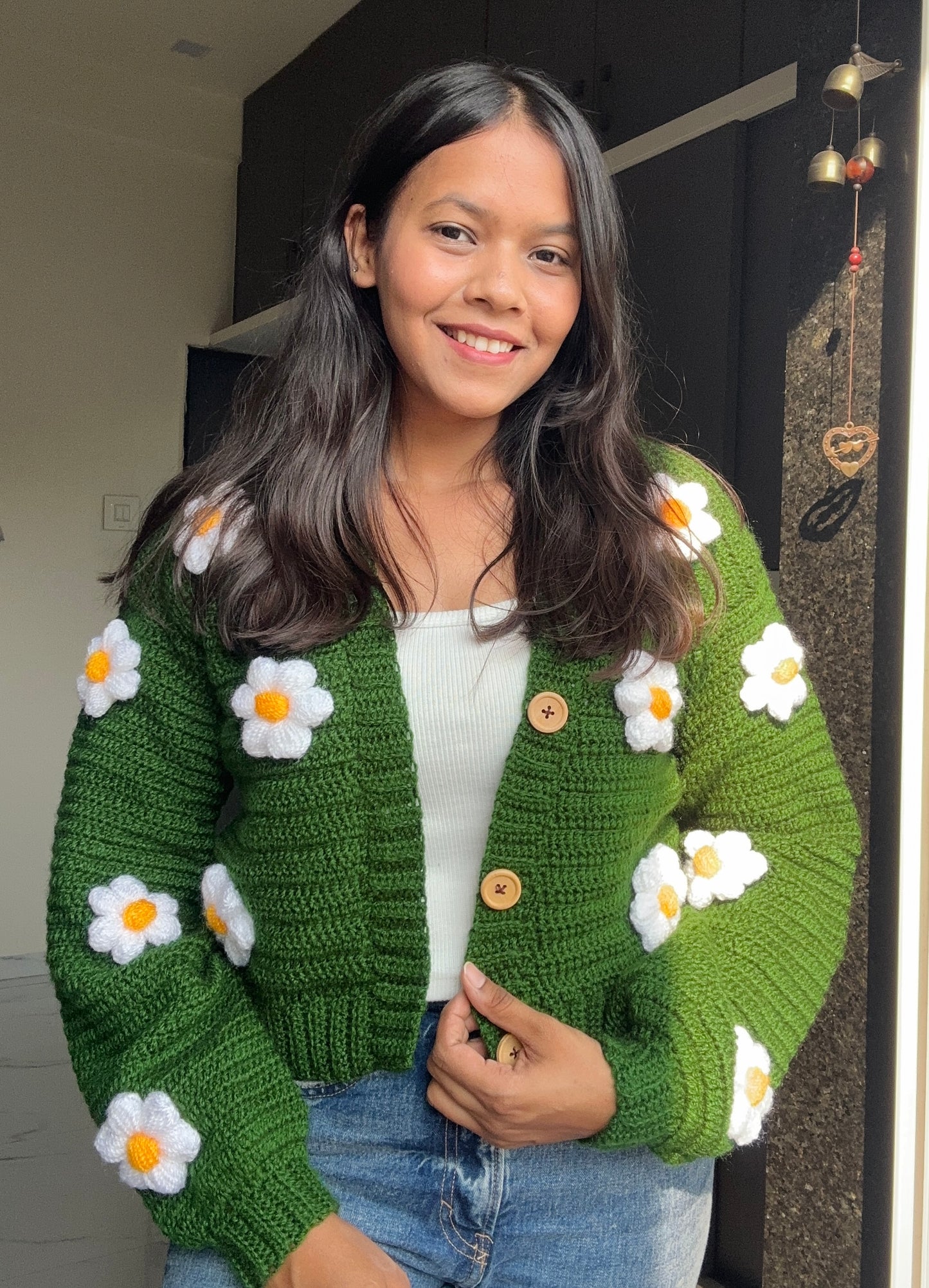 Leaf Green Daisy crochet cardigan