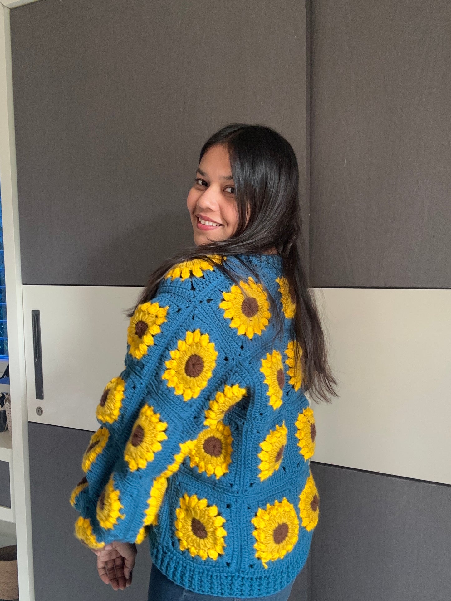 Blue Sunflower crochet cardigan