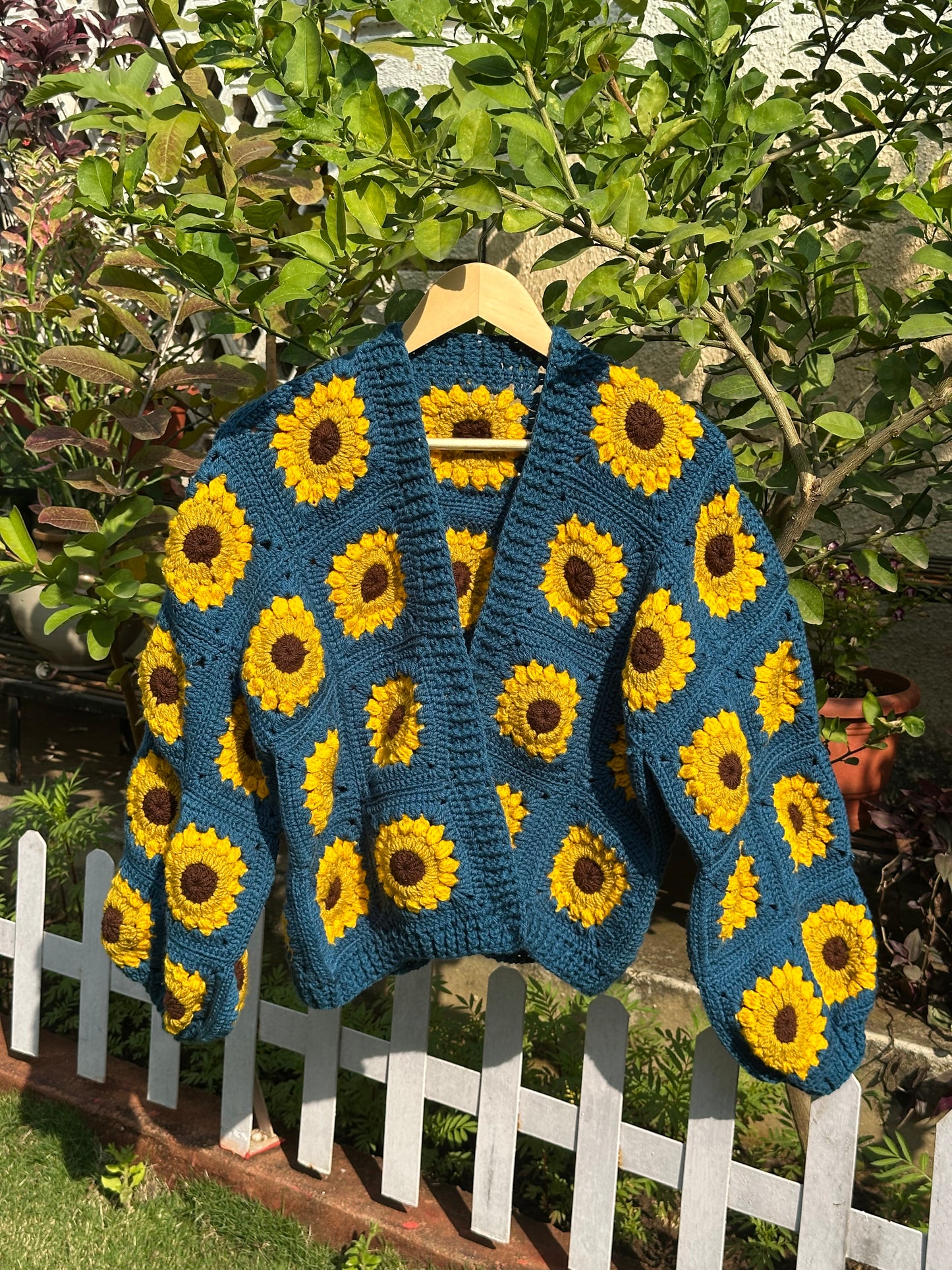 Blue Sunflower crochet cardigan