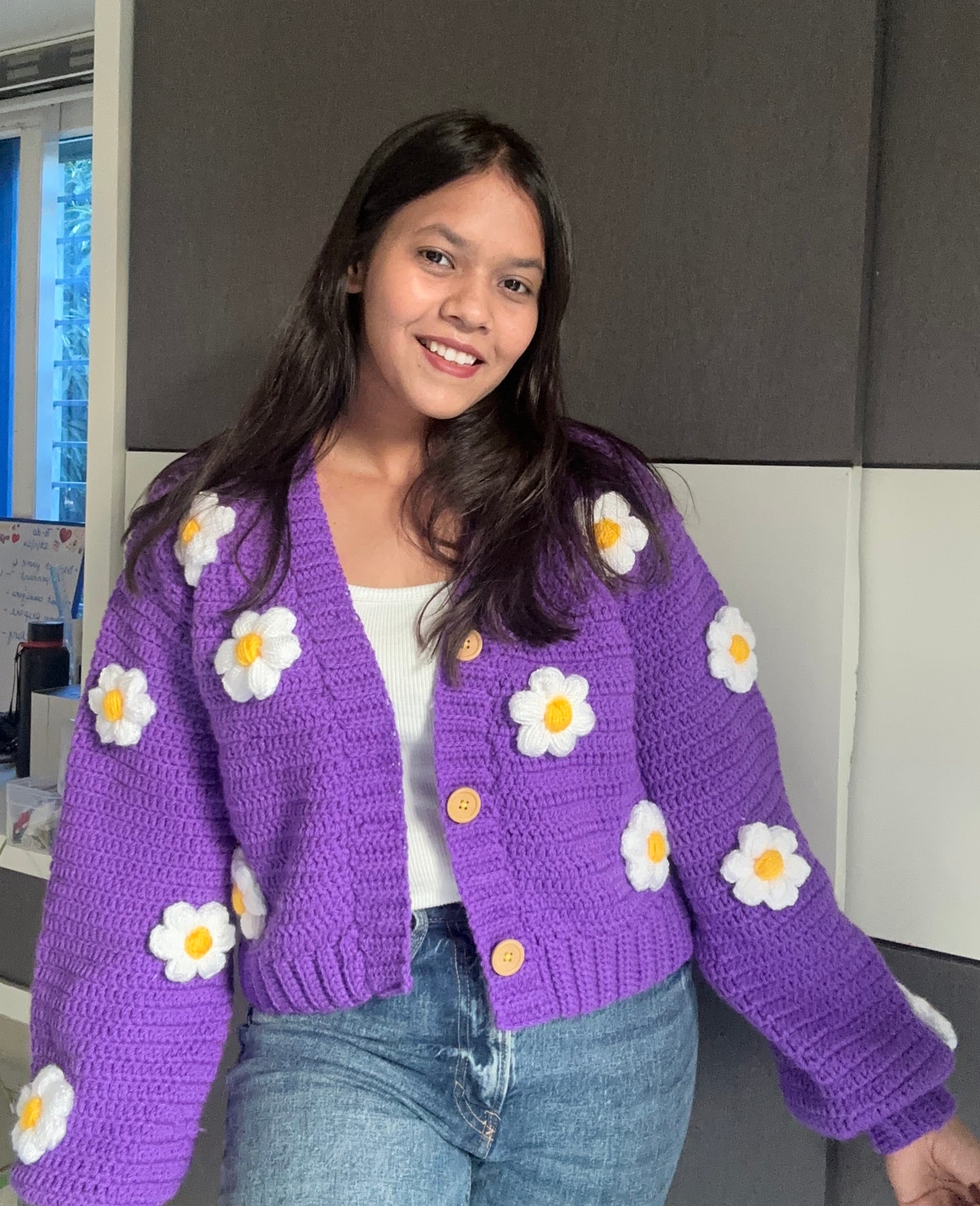 Purple daisy crochet cardigan