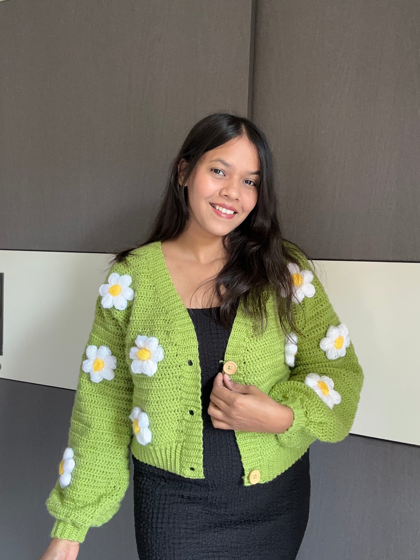 Green pastel daisy crochet cardigan