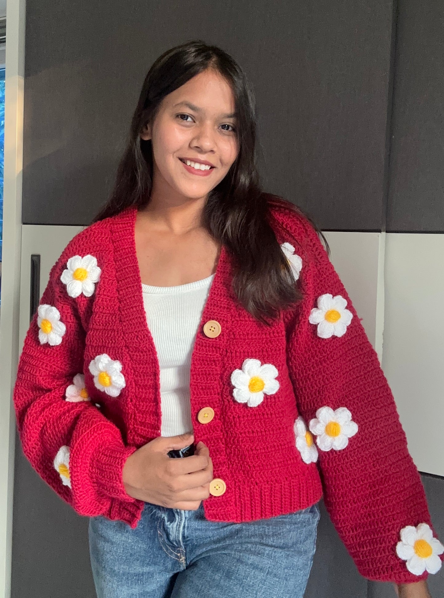 Red daisy crochet cardigan