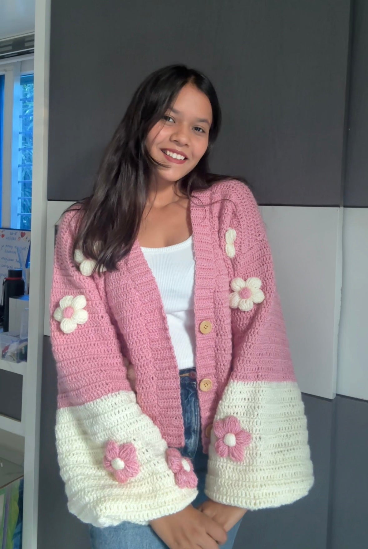 Pink & Cream duo crochet cardigan