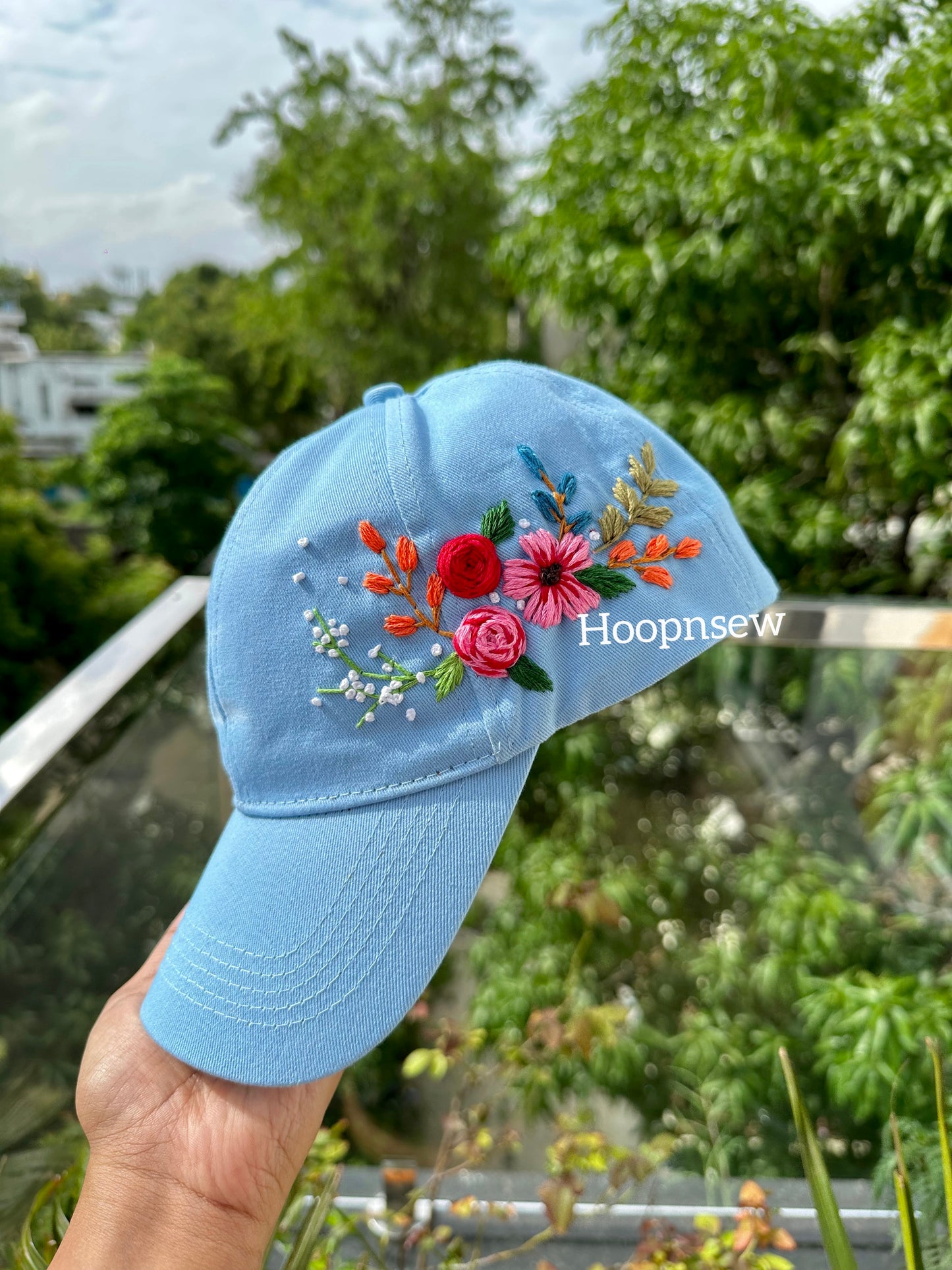 Floral embroidery cap