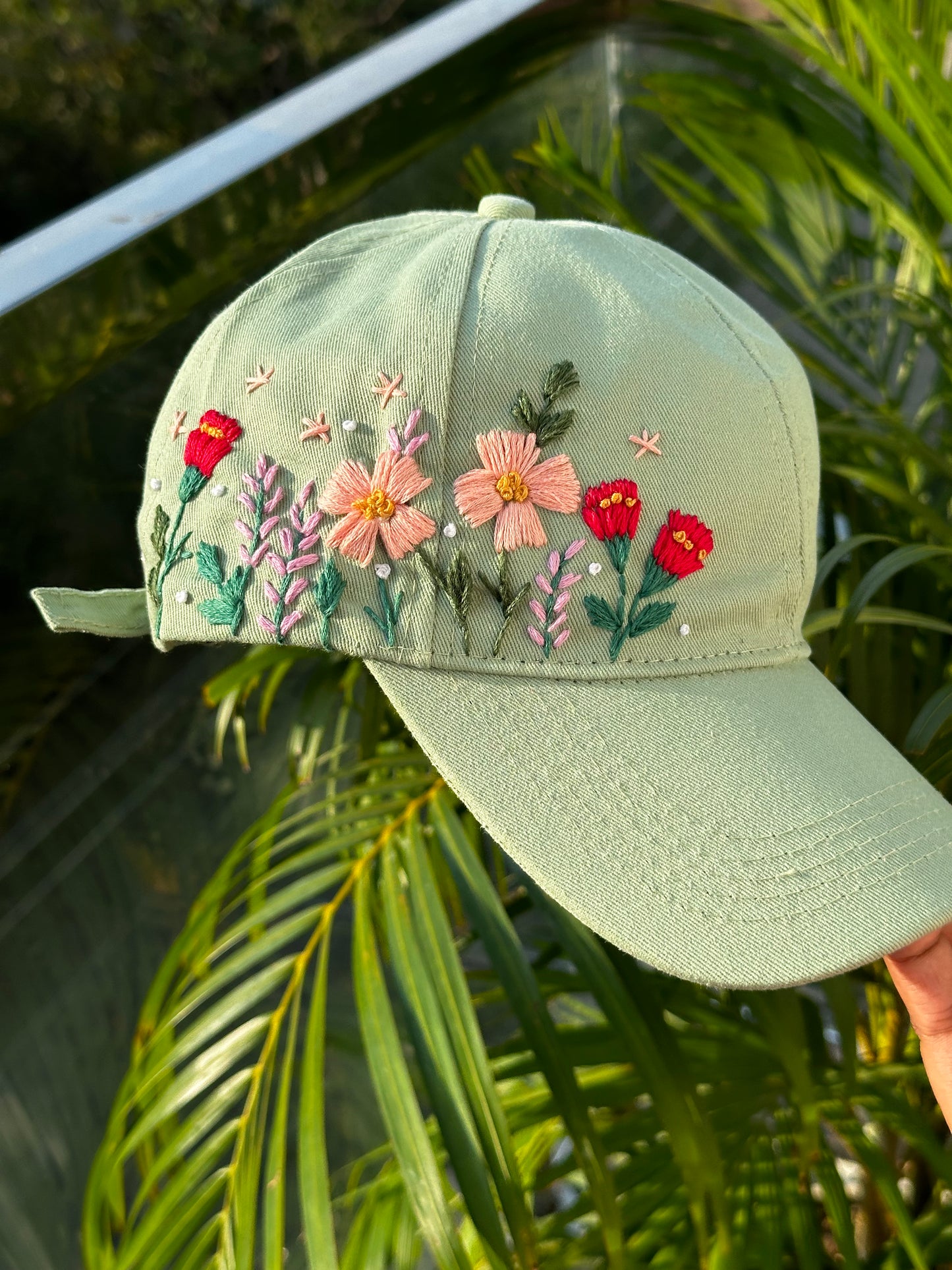 Floral embroidery cap