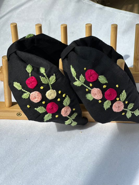 Hand-embroidered black floral headband