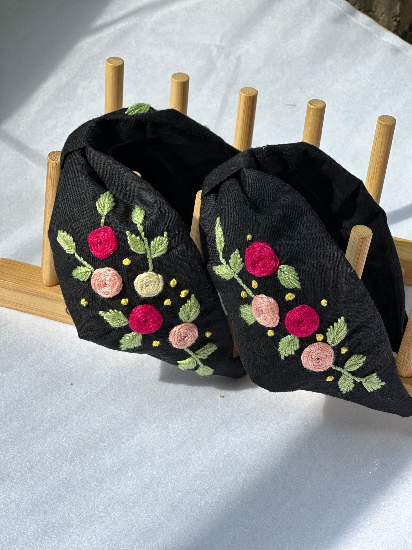 Hand-embroidered black floral headband