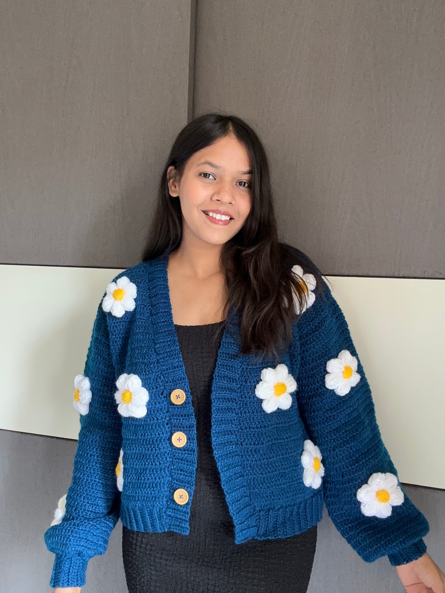 Dark blue daisy crochet cardigan