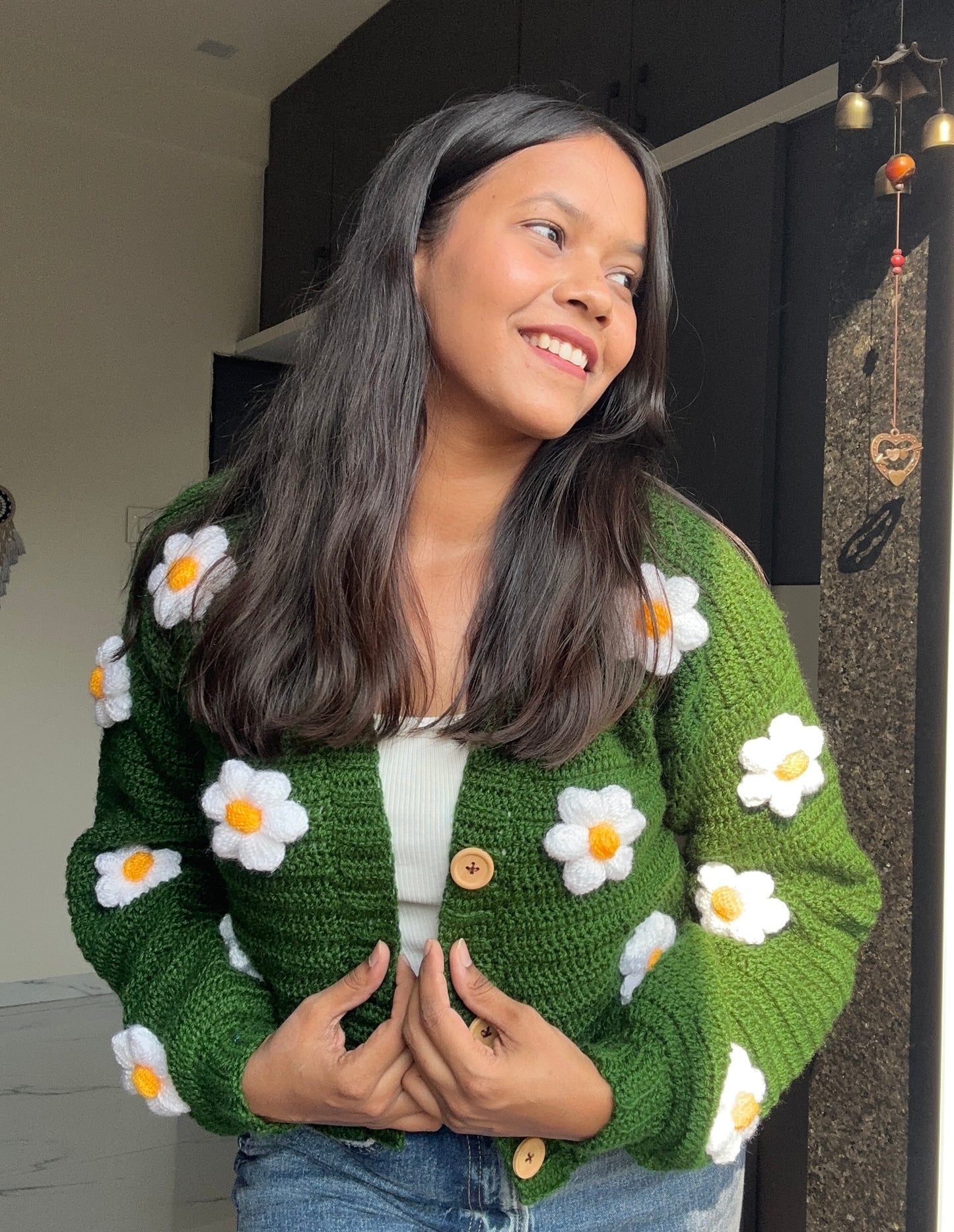 Leaf Green Daisy crochet cardigan