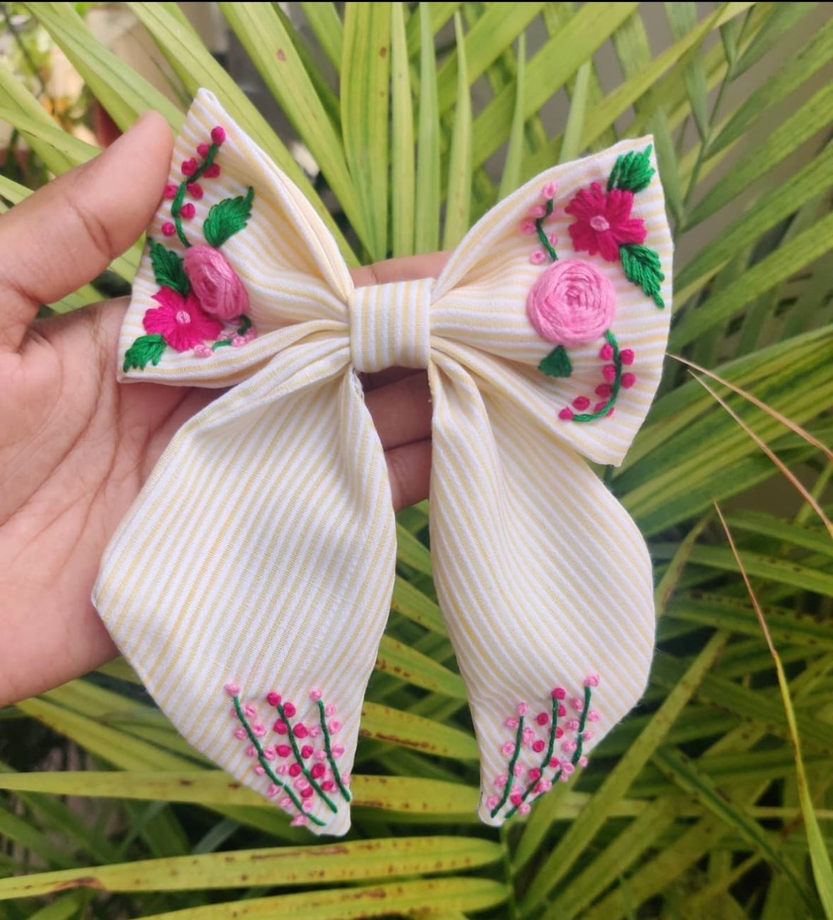 Hand-embroidered floral long tail bow