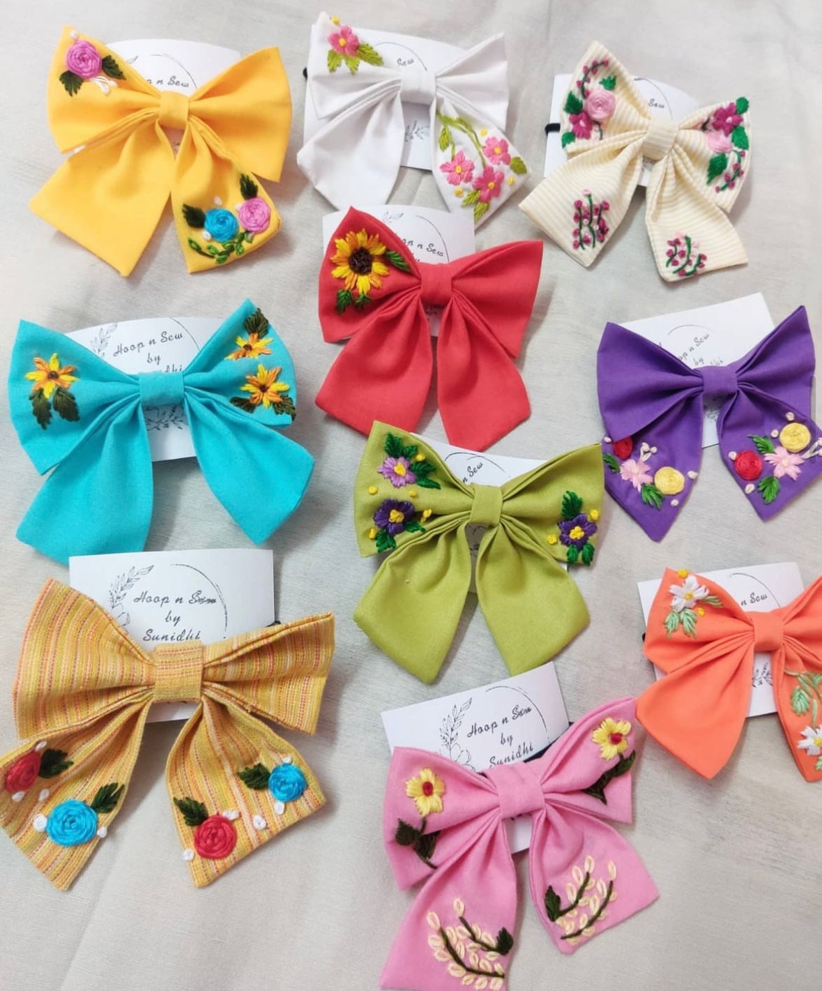 Hand-embroidered floral hair bows