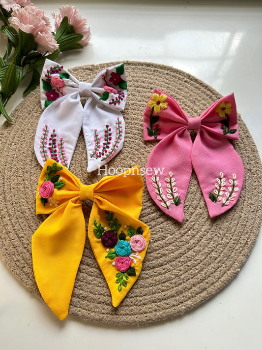 Hand-embroidered floral long tail bow