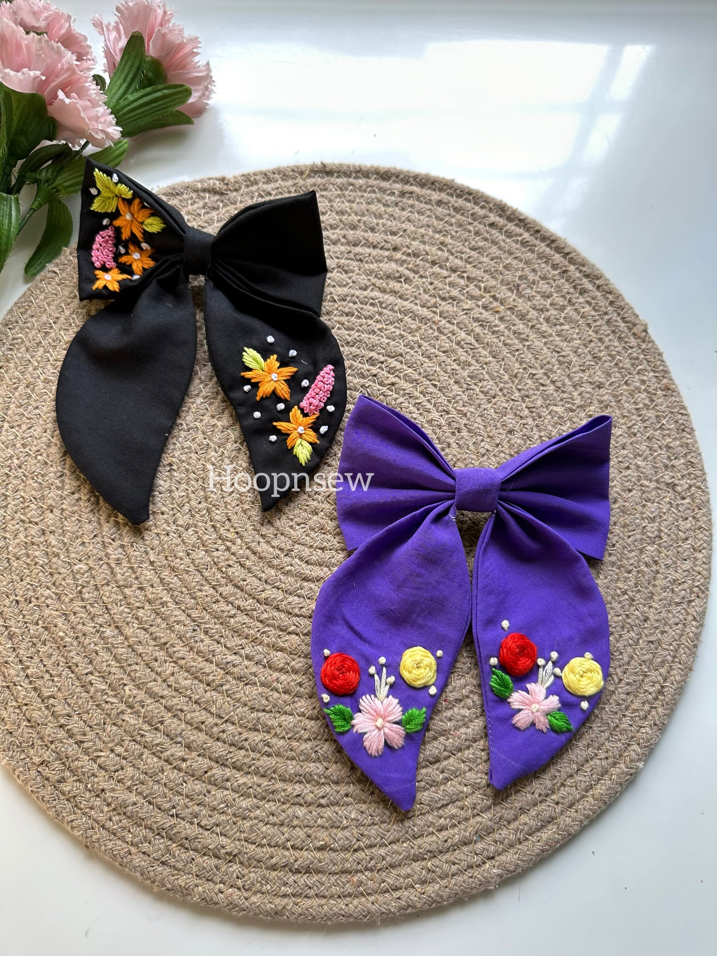 Hand-embroidered floral long tail bow